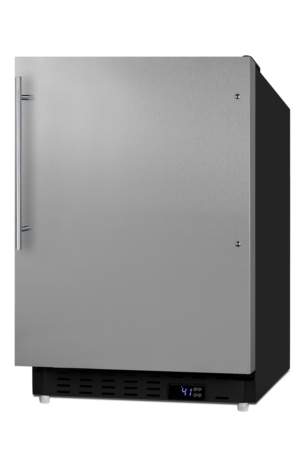 Built-in undercounter ADA compliant residential all-refrigerator with stainless steel door, black cabinet, and thin vertical handle, with door storage and automatic defrost operation